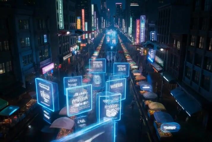 浮遊する UI パネルを伴う Wan 2.7 のネオン夜街の例